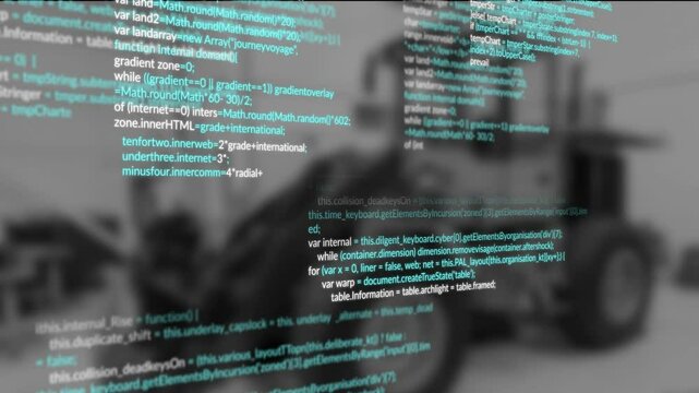Blurred mechanic leaning over car engine bay, displaying JavaScript code overlay in flat design