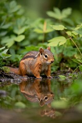 Fototapeta premium there is a small chipmunt standing in the water near the plants