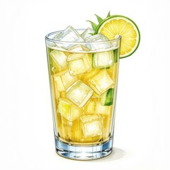 Tommy's Margarita with wheel and ice cubes in a clear lowball glass on white background. Watercolor illustration