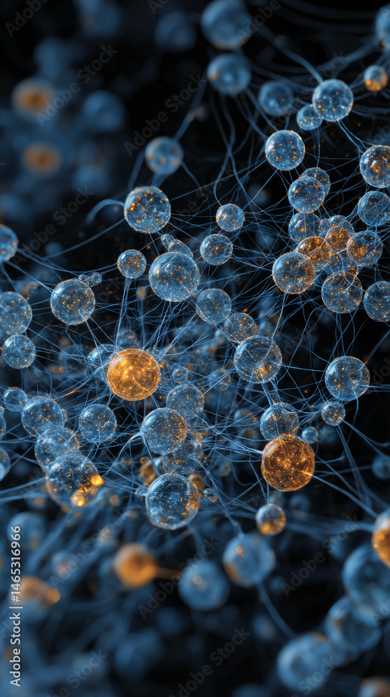 Aufkleber Abstract image of interconnected glowing spheres, blue and orange, creating a network-like structure, symbolizing connection, communication, or neural networks