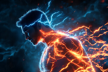 A man illuminated by vibrant blue and orange energy, showcasing a powerful transformation in a dark, dynamic background