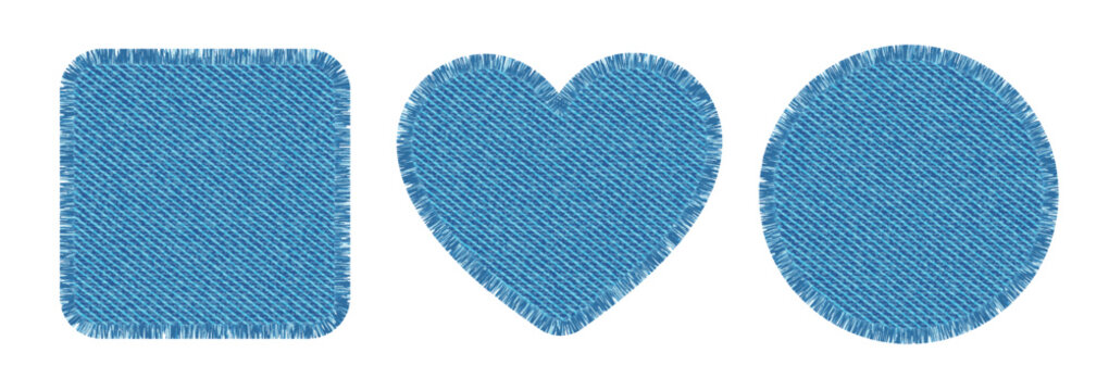 Denim fabric patches in shape of heart, square and circle. Cloth labels with jeans texture and torn edges. Patchwork elements from blue denim textile, vector illustration