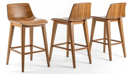 Three modern wooden bar stools displayed against a clean white background perspective