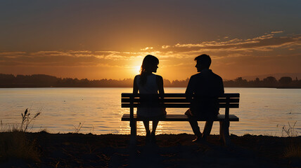 Obraz premium couple sitting on bench at sunset, , ai generated