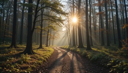 Fototapeta premium Sunbeams Through the Misty Forest Path