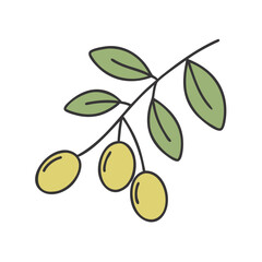 Illustration of olive branch with green leaves and olives, nature, food, plant, tree, art, drawing