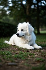 there is a white dog laying in the grass in the park