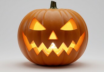 A glowing jack o lantern with a triangular nose and jagged mouth on a plain background for halloween