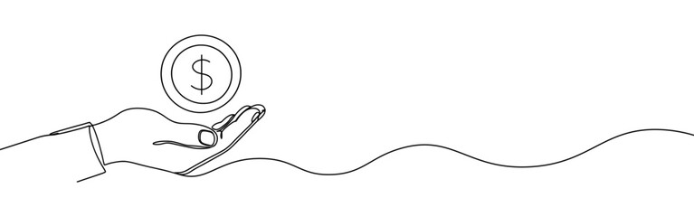 Hand holding coin continuous one line drawing. Dollar linear symbol. Savings money concept. © drawing lines