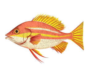 Fototapeta premium Victorian-style, colorful red sea bream fish with yellow stripes on the sides, on Png Format and Transparent Background