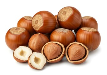 A close up shot of a pile of hazelnuts with some split open on a white background in a studio shot