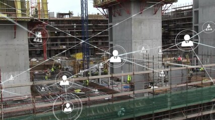 Concrete support column standing with scaffolding connecting network icons in building infographic