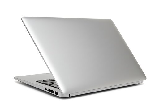 A silver laptop is slightly open and angled on a white background showing the back of the screen and keyboard