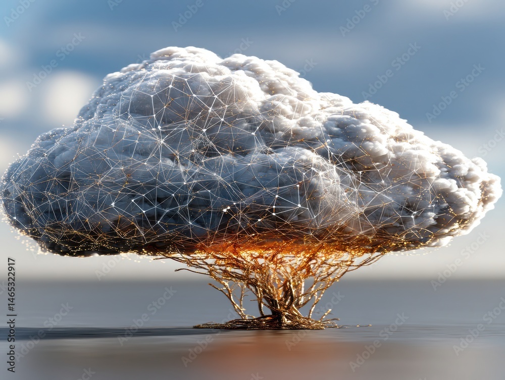 Fototapete a surreal cloud formation with intricate network patterns and fiery base