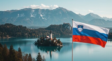 Waving Slovenian Flag Over the Iconic Beauty of Lake Bled and the Majestic Julian Alps Backdrop