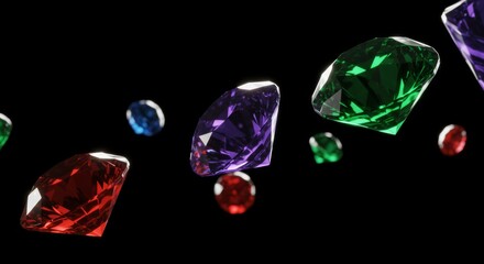 Fototapeta premium Glossy Gems Floating in Dark - Five vibrant gems, red, purple, green, and blue, float against a black background, symbolizing luxury, rarity, elegance, brilliance, and value