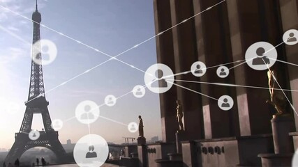 Eiffel Tower shining at sunrise featuring glowing user icons connecting golden statues and tourists - Powered by Adobe