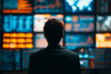 Man in suit views numerous screens displaying data graphs, showcasing business analytics and market monitoring, representing financial analysis and decision-making