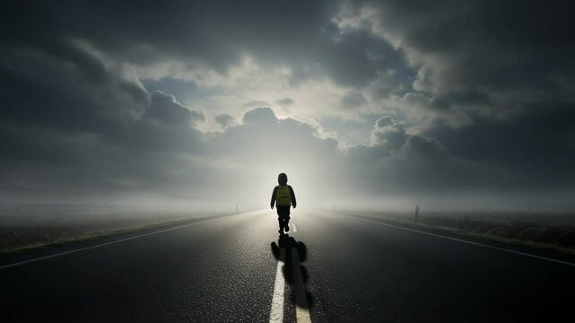 Child walking alone on empty road toward light under dramatic sky &mdash; metaphor for hope, resilience, and childhood journey