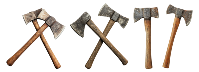 Collection of Vintage Axes with Different Designs and Textures Isolated Transparent Background
