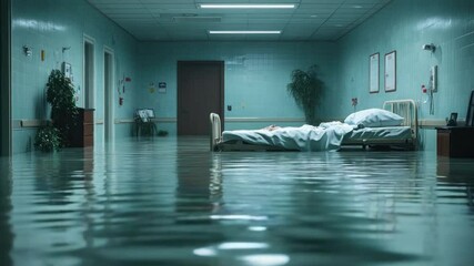 Hospital Hallway in Flood: An unsettling scene unfolds as a hospital hallway is submerged in floodwaters, a lonely bed standing as a stark reminder of vulnerability and the power of nature.