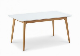 A minimalist dining table with a white rectangular top and light wood legs on a white background studio shot