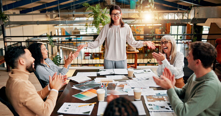 Creative paperwork, team and applause in meeting for campaign performance, good news and project...