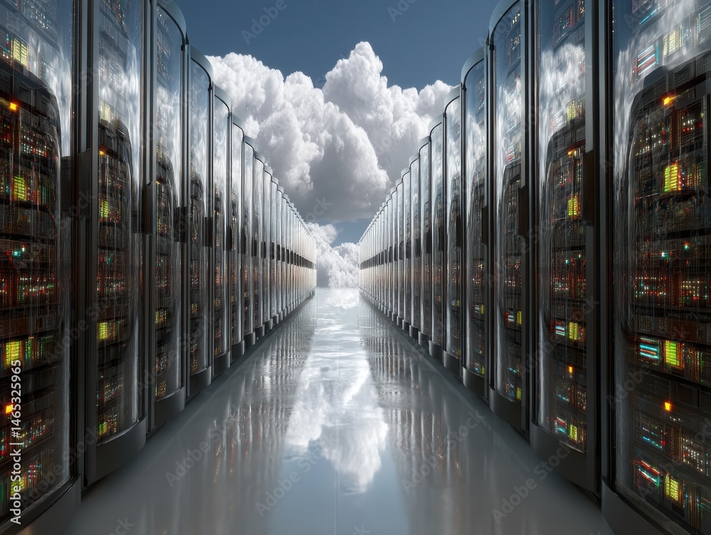 Poster Futuristic Data Center with Cloud Reflections and High-Tech Server Racks
