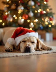 Adorable Labrador in Santa Hat by Christmas Tree. Generate by Ai