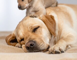 Heartwarming Moment of a Labrador and Puppy Napping Together Generate by Ai