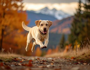 Joyful Labrador Running Through Autumn Forest. Generate by Ai