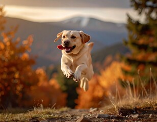 Joyful Labrador Running Through Autumn Forest. Generate by Ai