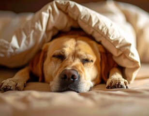 Cozy Labrador Sleeping Under a Blanket. Generate of AI.