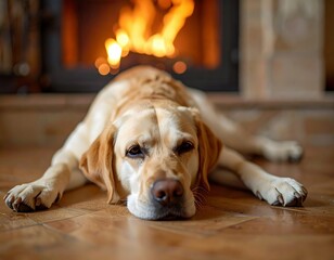 Labrador Resting by a Warm Fireplace. Generate by Ai.