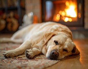 Labrador Resting by a Warm Fireplace. Generate by Ai.