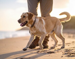 Golden Retriever Enjoying a Sunset Beach Walk Generate by Ai