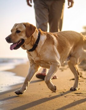 Golden Retriever Enjoying a Sunset Beach Walk Generate by Ai