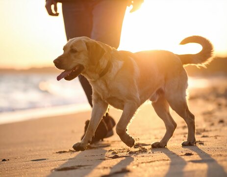 Golden Retriever Enjoying a Sunset Beach Walk Generate by Ai
