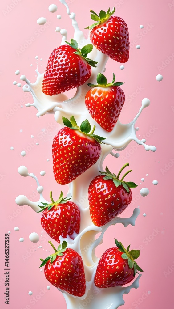 Poster strawberries in milk, stacked vertically, splashing milk from bottom to top.