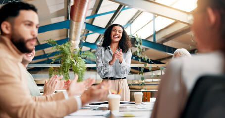 Applause, laughing and group with success, boardroom and celebration for achievement in meeting or...