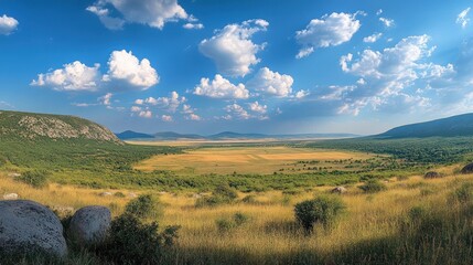 Obraz premium Expansive valley view beneath a vibrant sky. Lush greenery, rolling hills, and open fields create a serene landscape