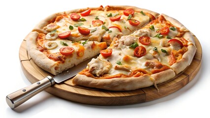 Sliced Pizza with Chicken, Tomatoes, and Basil on a Wooden Board