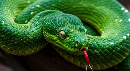 Fototapeta premium Green Tree Python Close-Up; Reptile Scales and Tongue