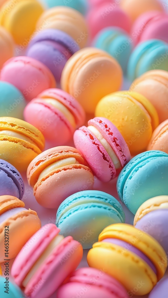 Poster colorful macarons in rows on a surface.