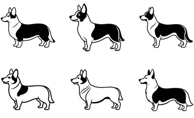 Corgi Dog Silhouette Set - Vector Black and White Corgi Outline Illustrations