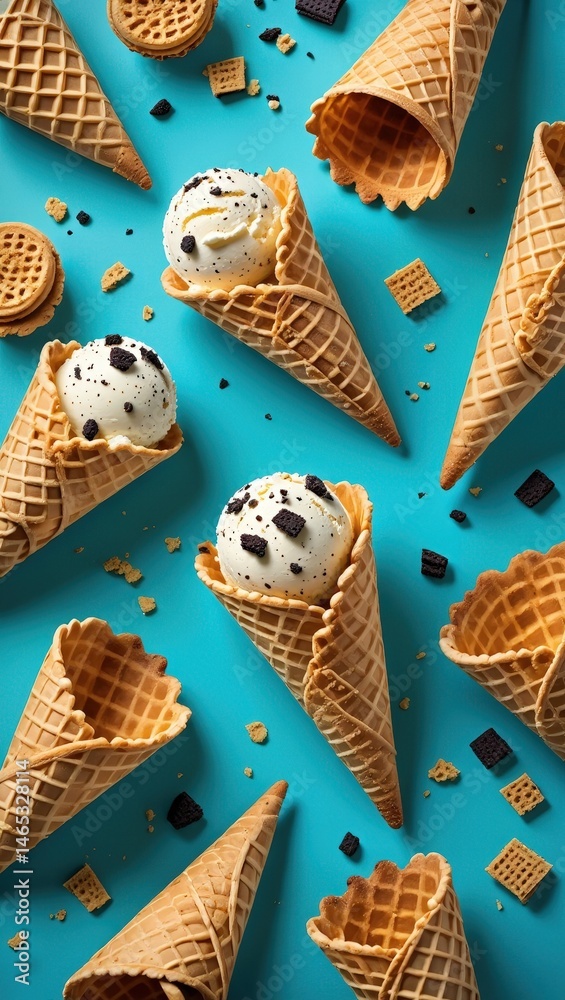 Poster ice cream cones with chocolate chip cookies scattered around them on a blue background.