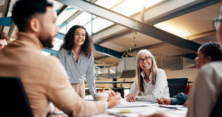 Brainstorming, speaker and woman in boardroom, laughing and brand specialist with ideas for...