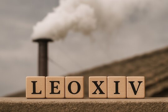 Fototapeta Leo XIV wooden blocks with industrial smokestack polluting the air in the background