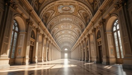Obraz premium Magnificent Sunlit Palace Hallway: An Architectural Masterpiece