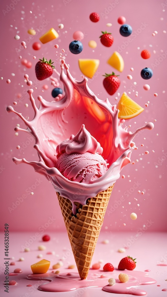 Poster a chocolate ice cream cone with whipped cream and sprinkles, surrounded by splashing milkshake and s